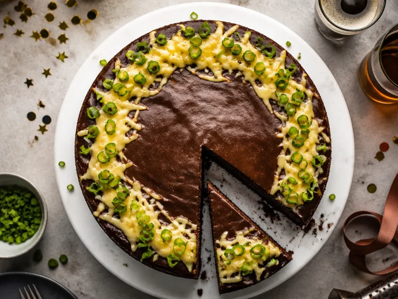 A dark stout chocolate cake with cream cheese frosting on a cake stand