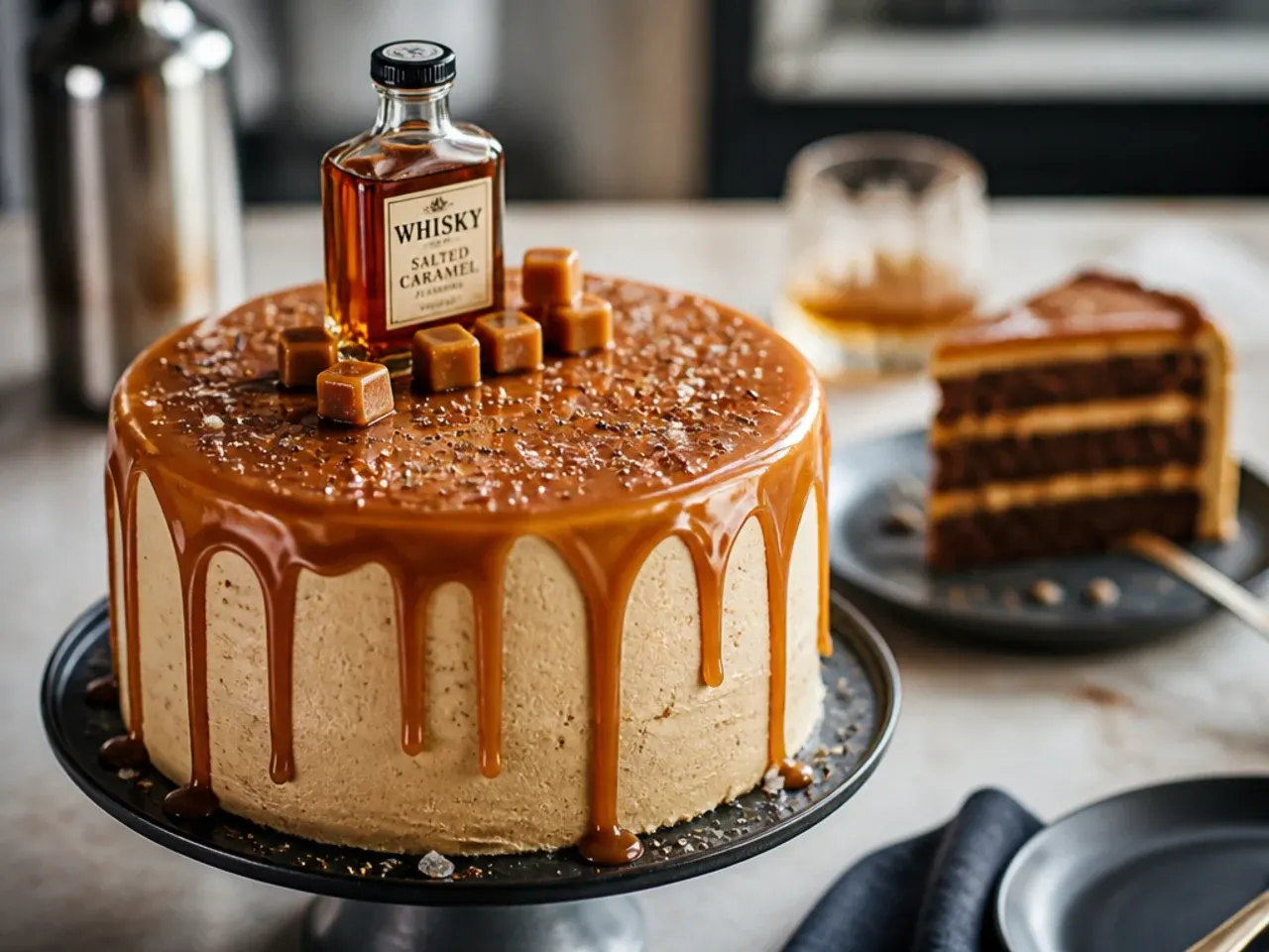 A caramel drip cake with whisky caramel sauce running down the sides