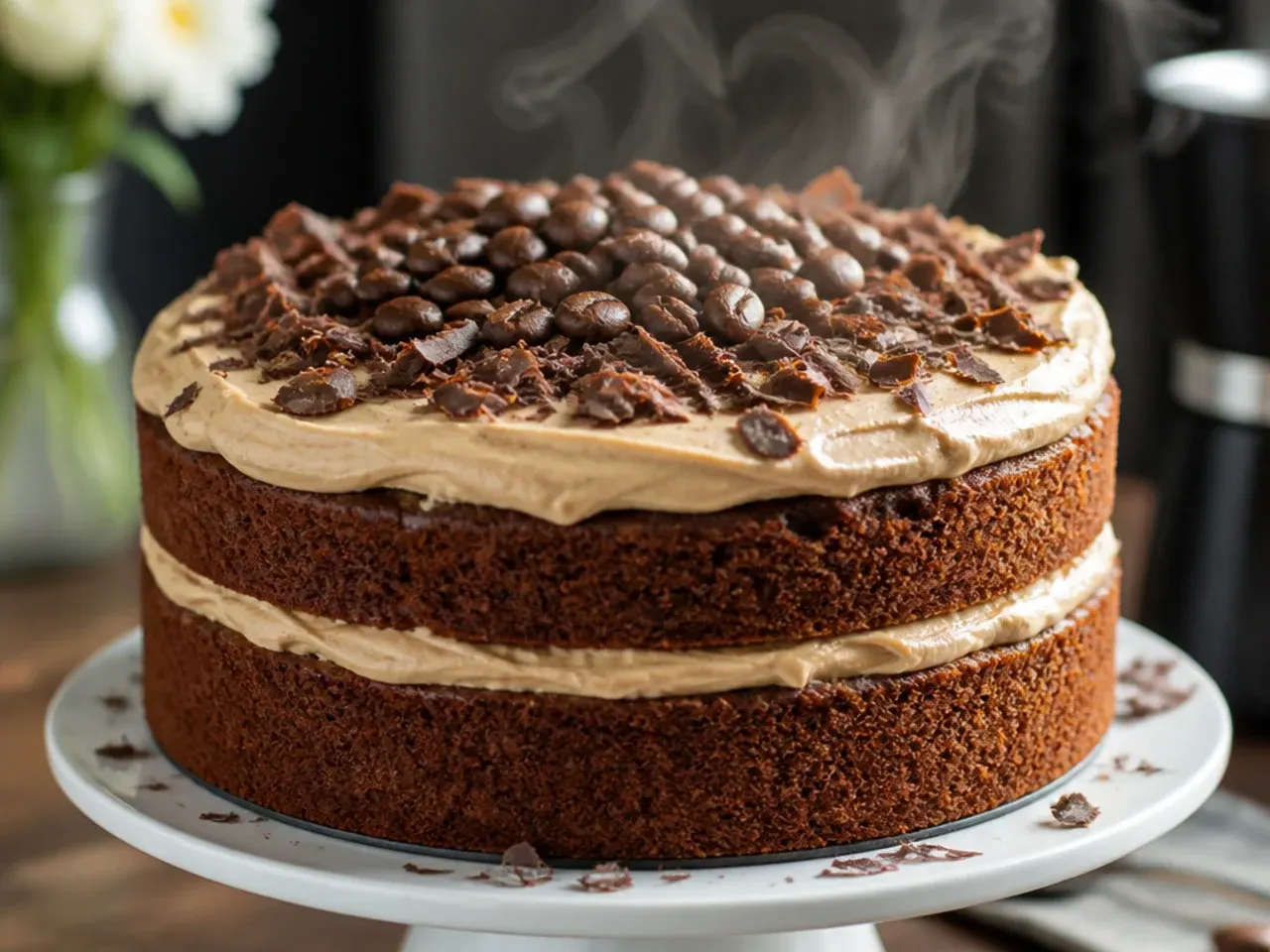 A coffee-flavoured layer cake dusted with cocoa powder, cut open to show the sponge