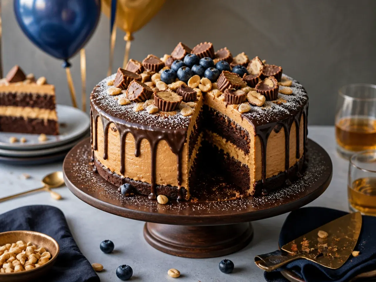 A chocolate cake with peanut butter frosting and chopped peanuts pressed into the sides