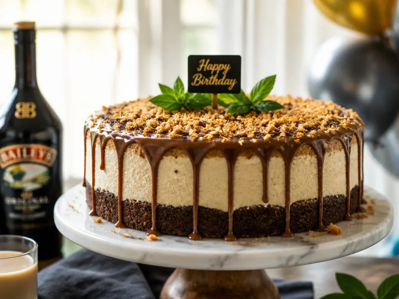 A layered cake with a creamy Baileys cheesecake filling between chocolate sponge layers