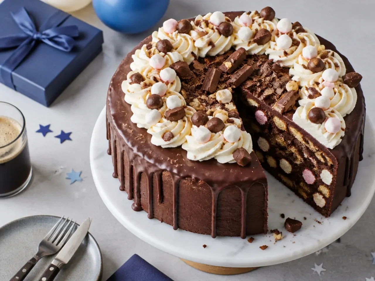 A chocolate cake topped with a thick rocky road layer of marshmallows, biscuits and nuts