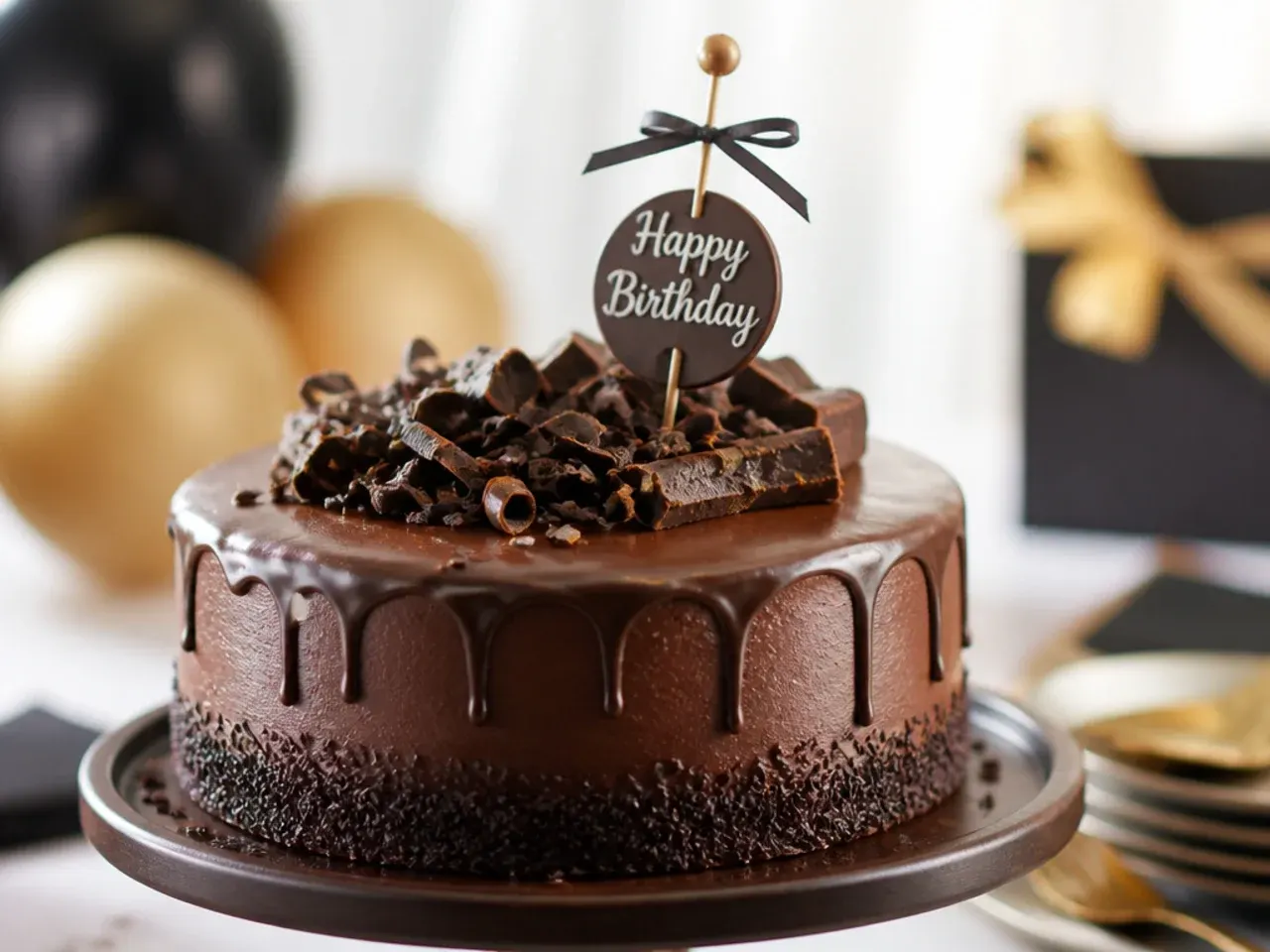 A tall triple chocolate fudge cake with glossy ganache dripping down the sides