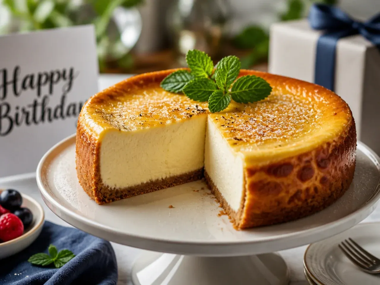 A baked New York-style cheesecake with a cracked golden top, sliced to show the dense filling