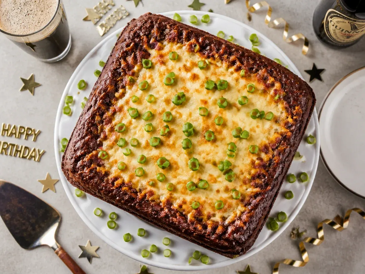 A chocolate beer traybake cut into squares on a cooling rack