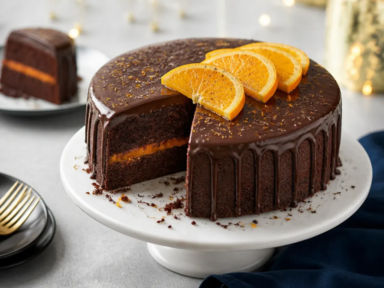 A chocolate orange cake topped with candied orange peel and chocolate ganache