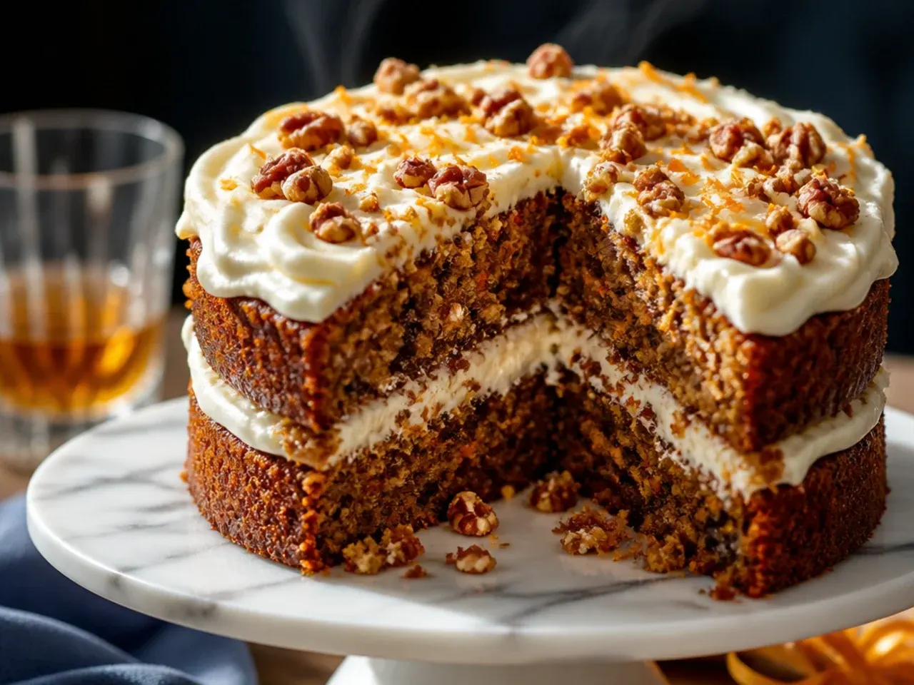 A spiced carrot cake with cream cheese frosting, sliced to show whisky-soaked raisins