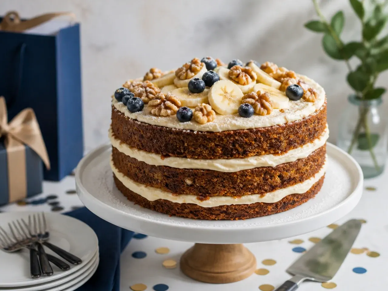 A two-layer banana cake with honey buttercream filling, sliced to show the moist crumb