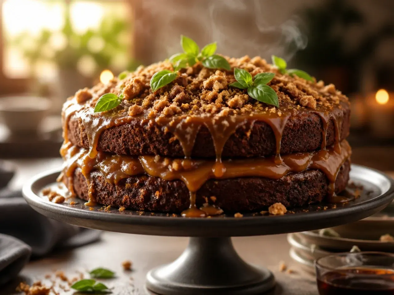 A ginger spiced cake with sticky toffee sauce and toasted flaked almonds on top