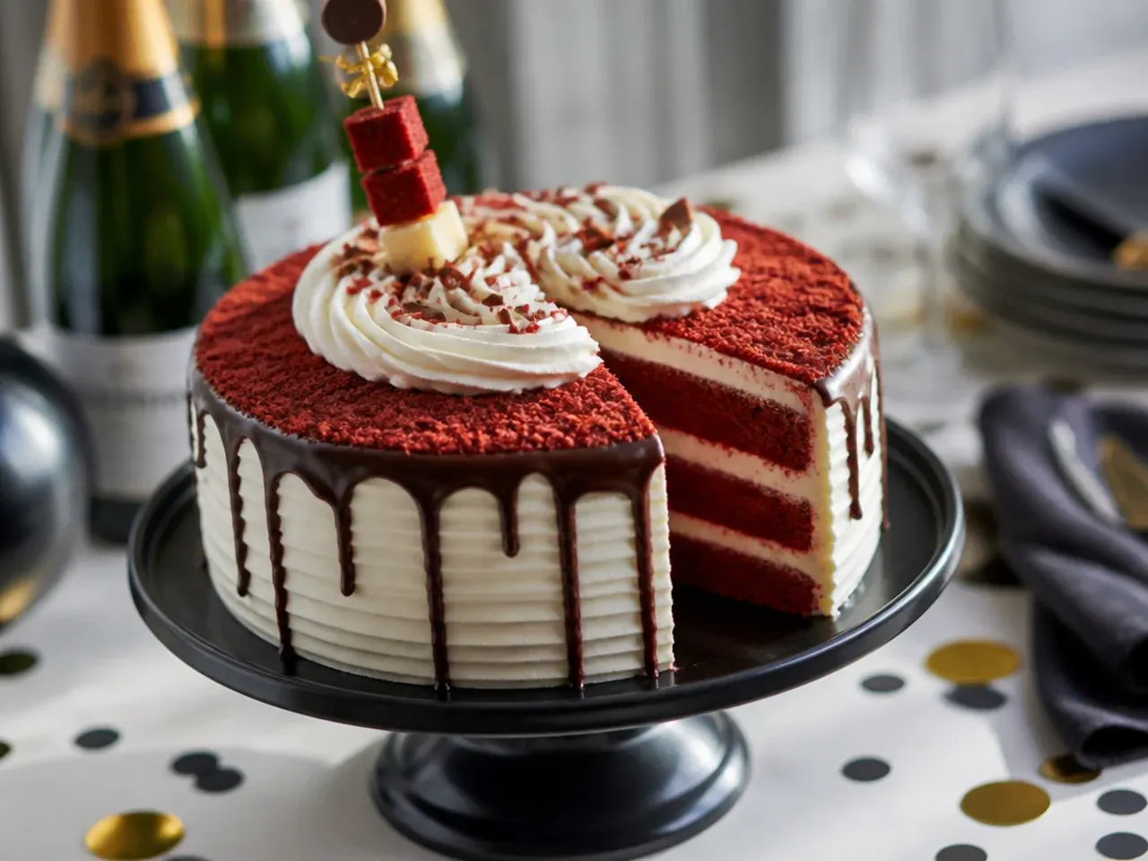 A red velvet cake sliced to show the bright red crumb against white cream cheese frosting