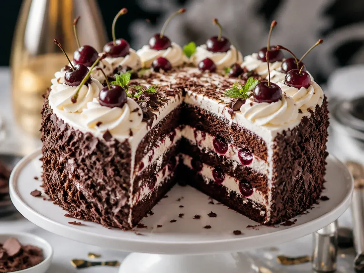 A Black Forest gateau with whipped cream, chocolate shavings and cherries on top