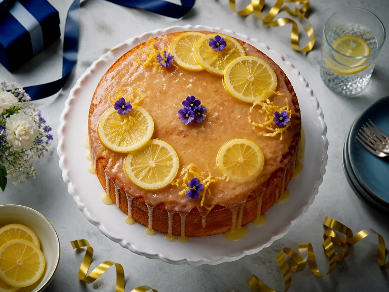 A lemon drizzle traybake with a glossy sugar glaze and lemon zest on top