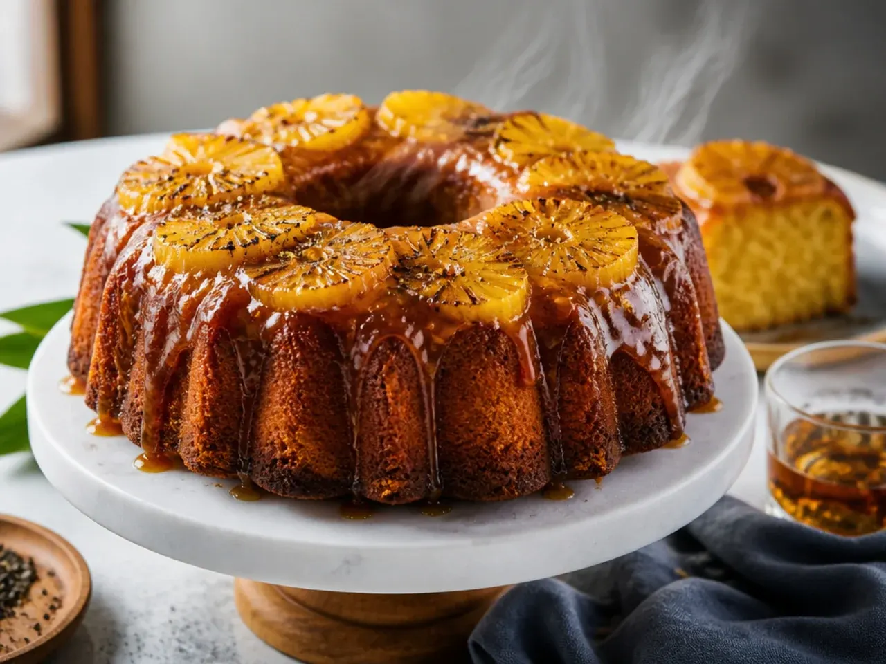 An upside-down pineapple cake with caramelised rings and spiced rum glaze