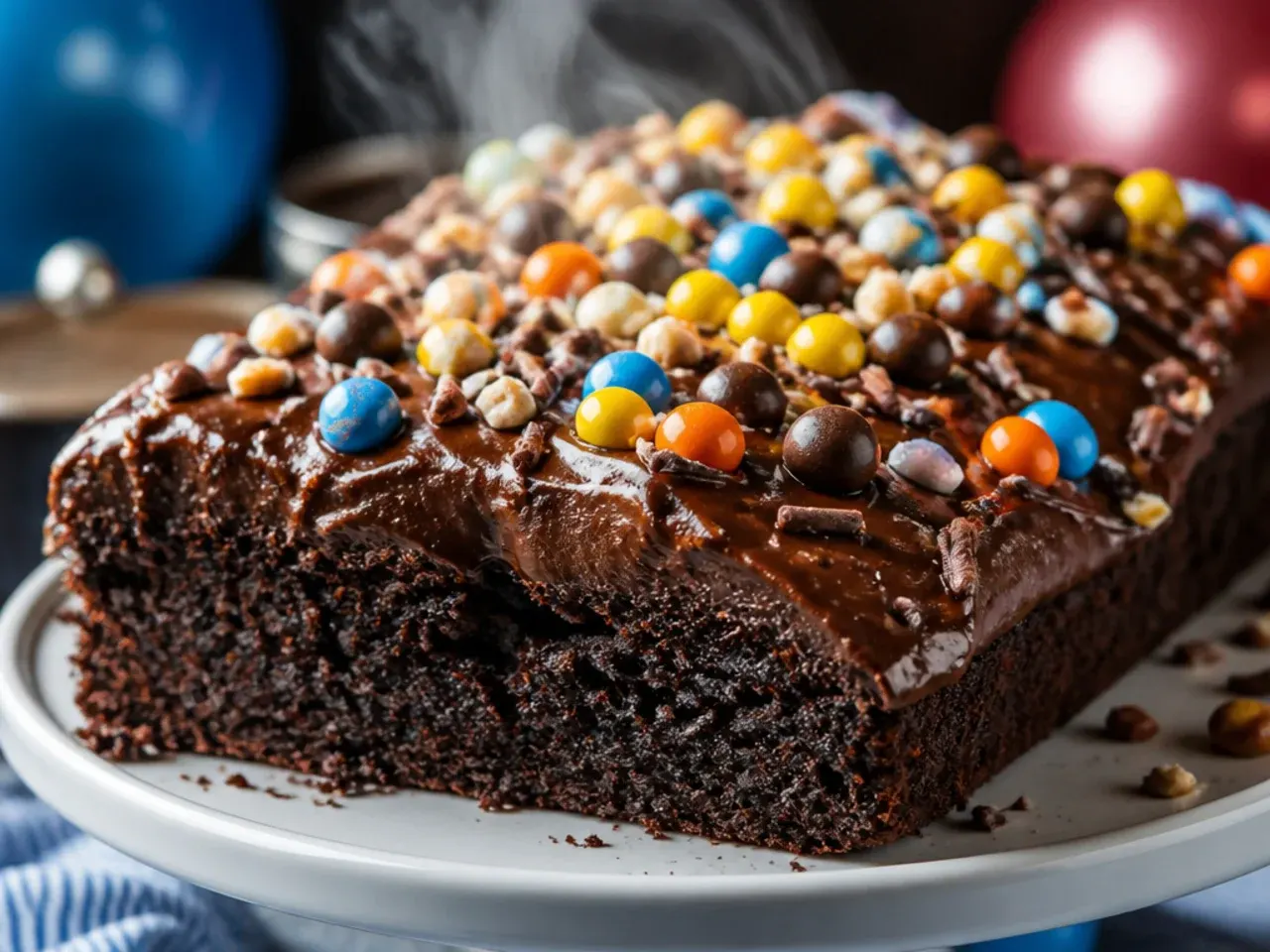 A simple chocolate ale traybake with a smooth chocolate glaze, cut into squares