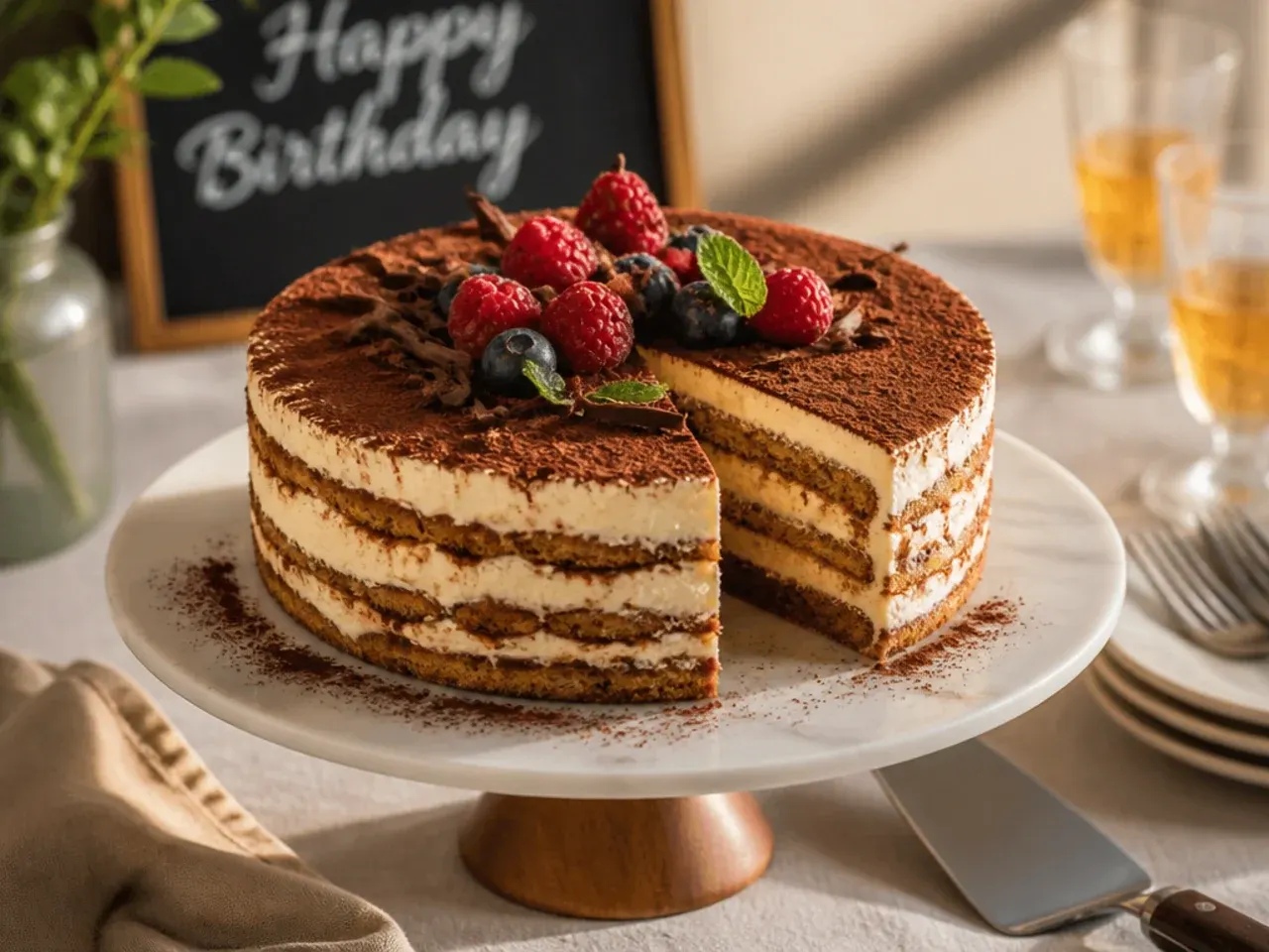 A tiramisu-style layer cake dusted with cocoa powder between mascarpone cream layers