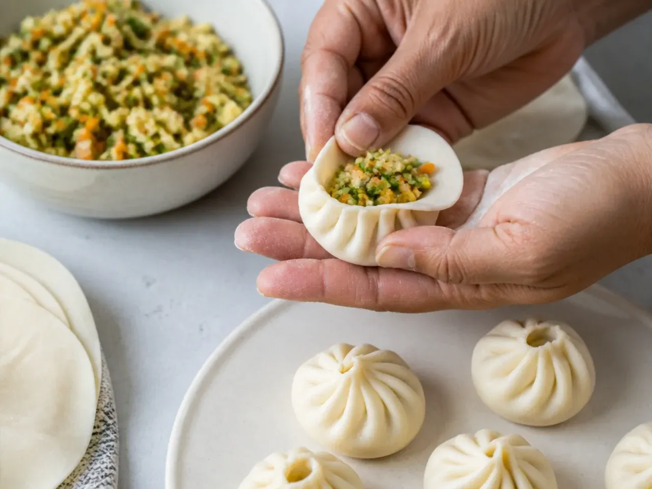 veg momos recipe — step 4: fill and pleat
