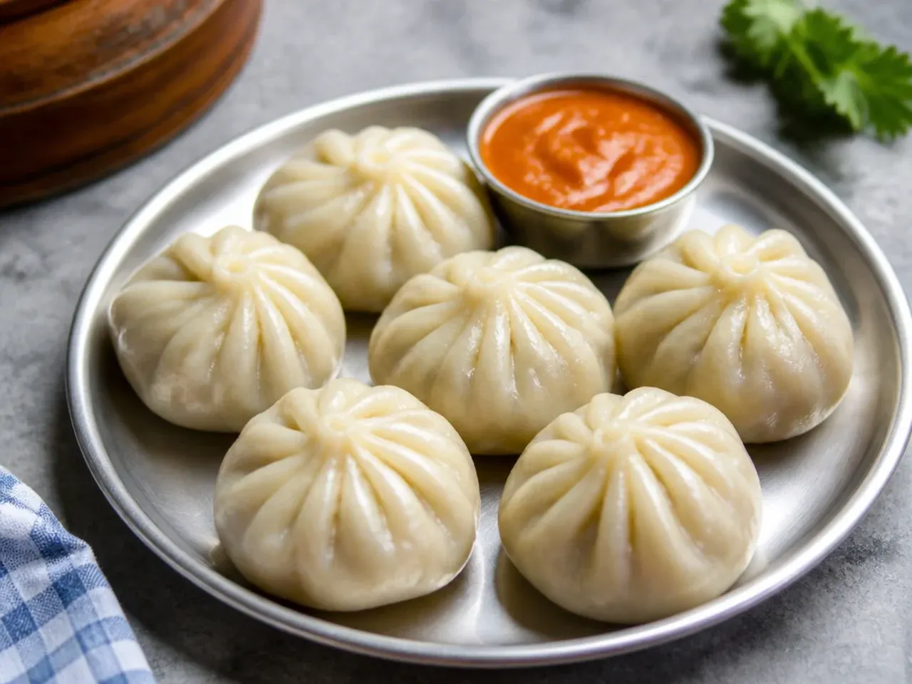 Classic steamed vegetable momos with pleated tops on a steel plate