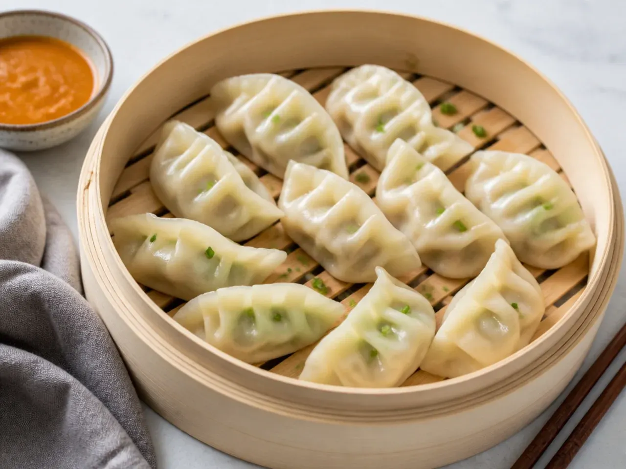 Easy veg momos made with shop-bought gyoza wrappers on a steamer tray