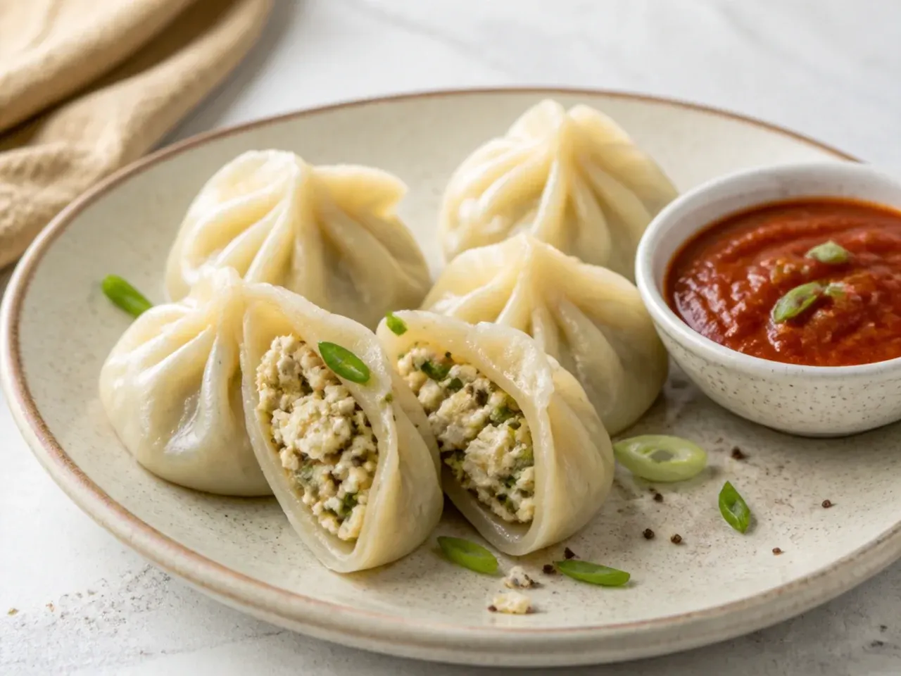 Paneer veg momos recipe with cracked black pepper filling cut open