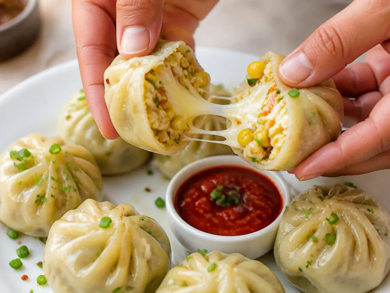 Cheese corn vegetable momos pulled apart showing melted mozzarella