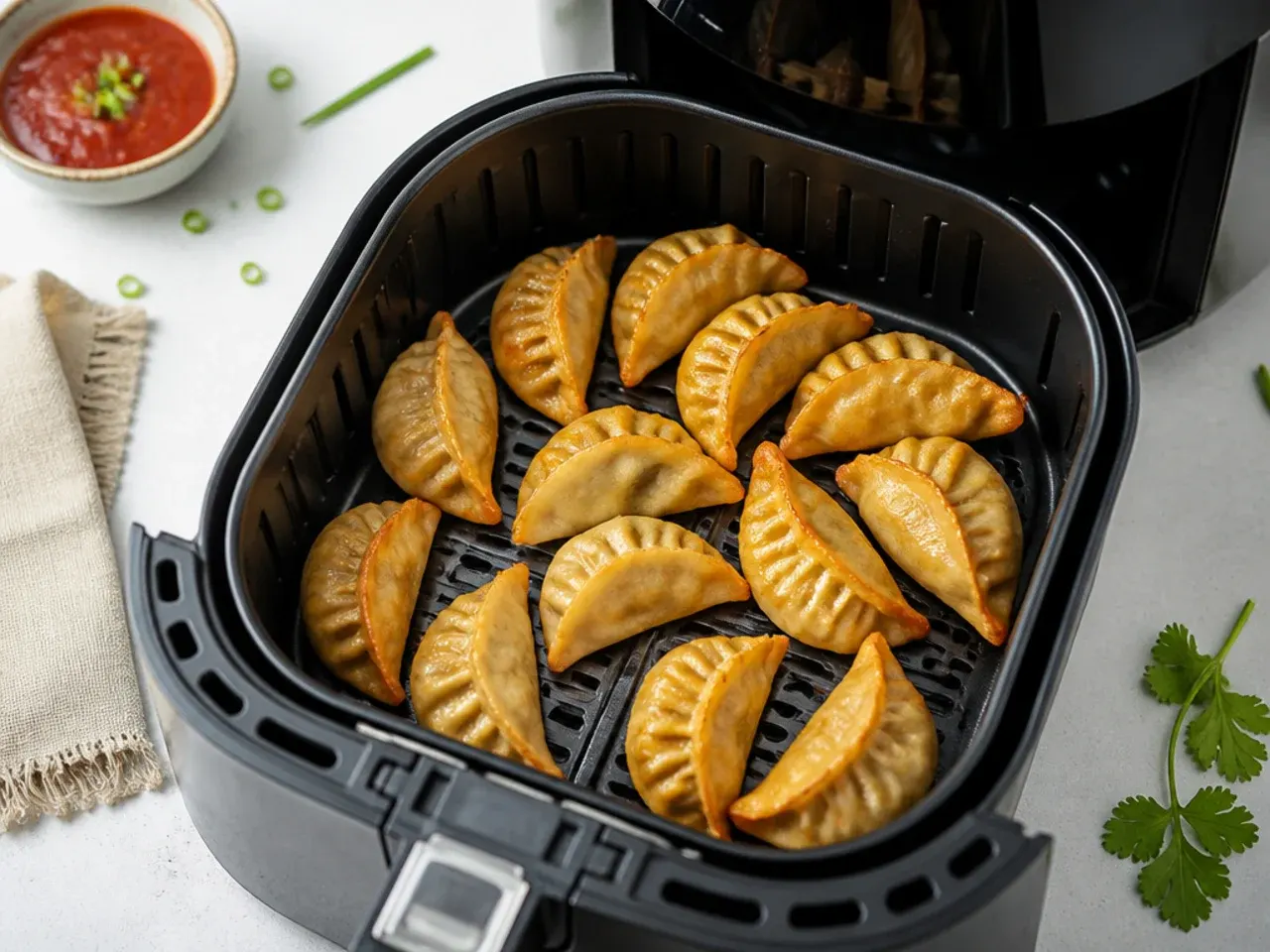 Golden crispy air fryer veg momos in an air fryer basket