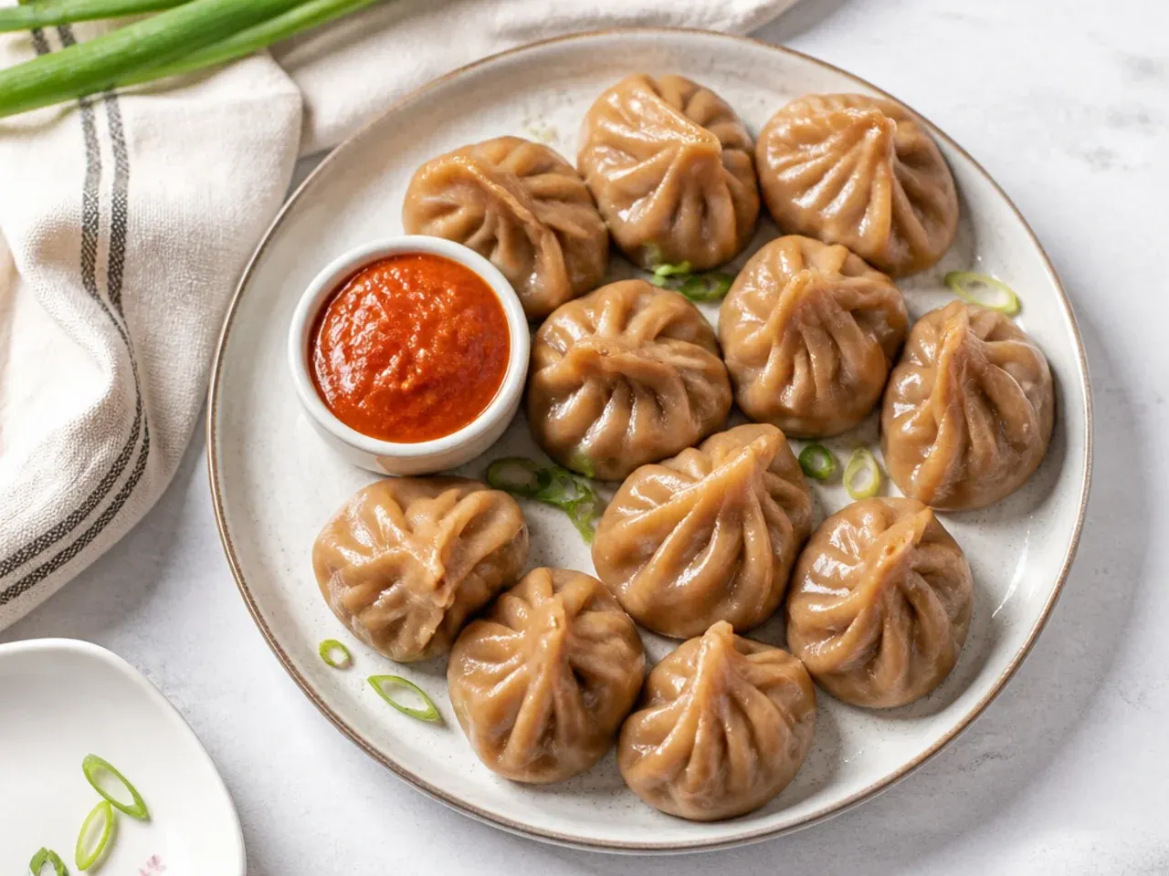 Whole wheat atta veg momos with a nutty brown wrapper on a plate