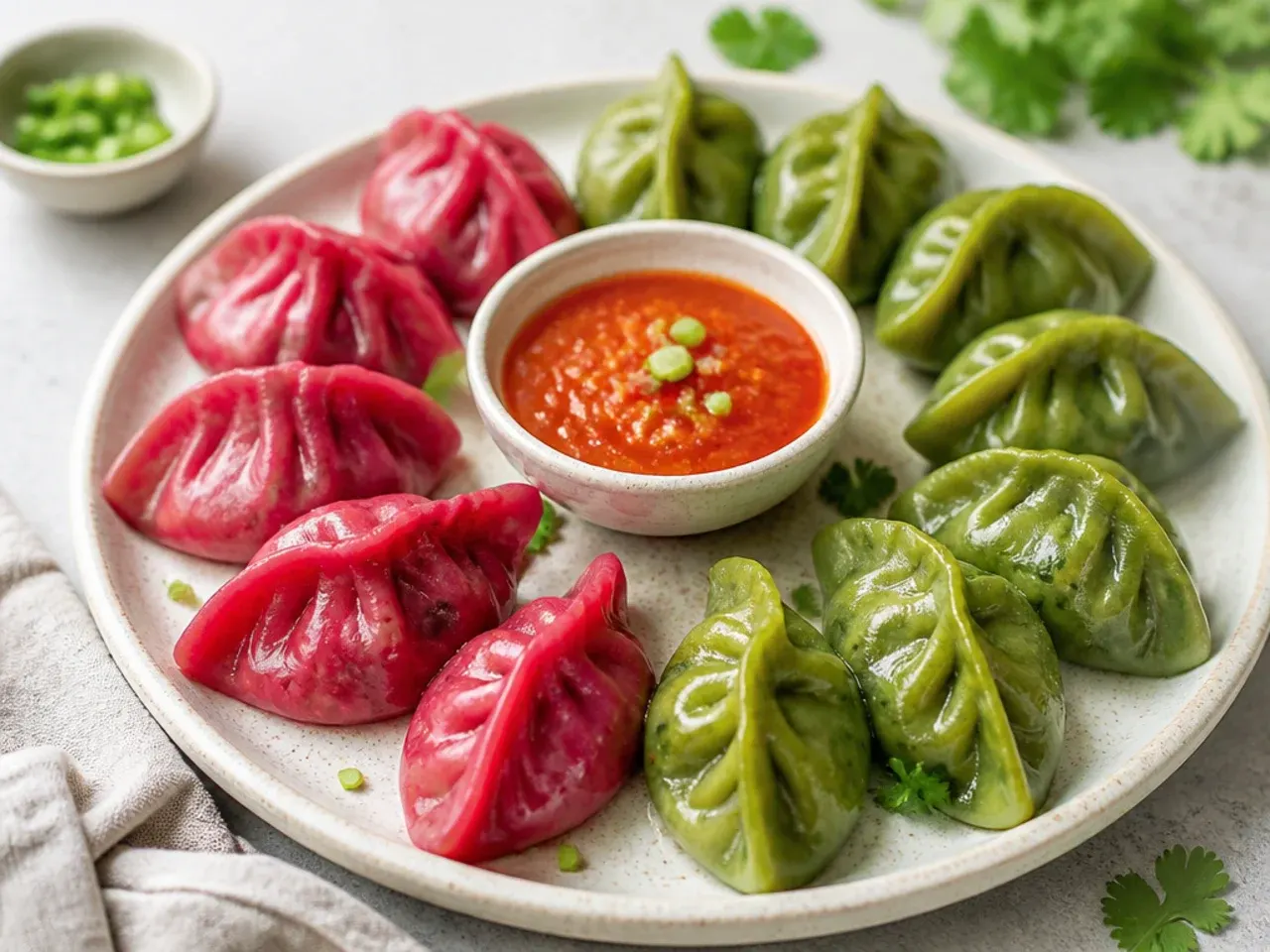 Colorful pink and green beetroot spinach veg momos on a party platter