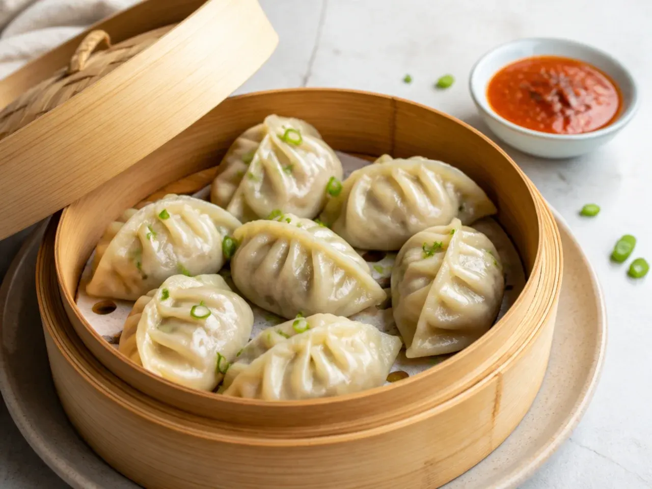 Minimal five ingredient mushroom veg momo dumplings in a steamer