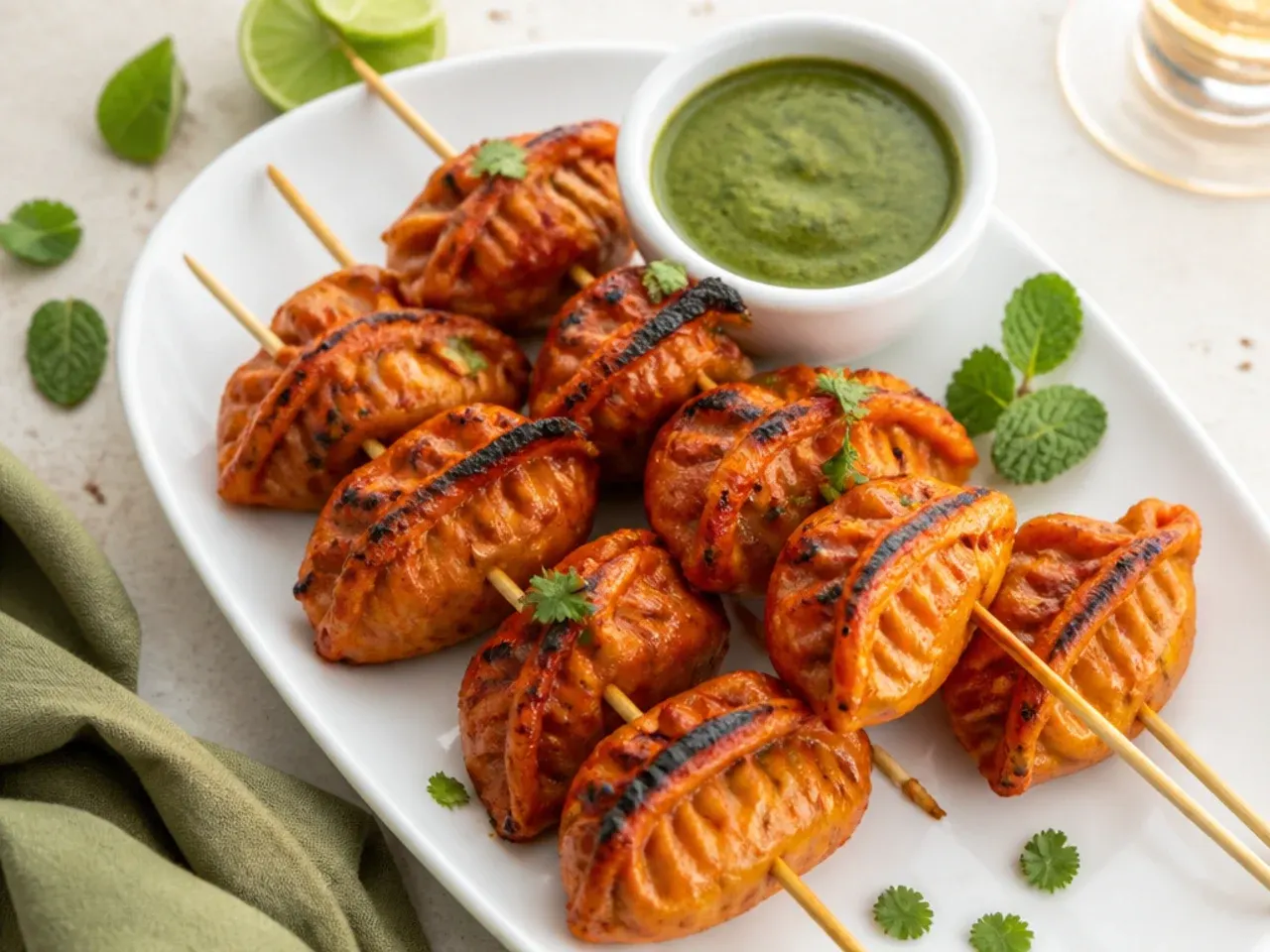 Charred tandoori veg momos on skewers with mint chutney for a festive party