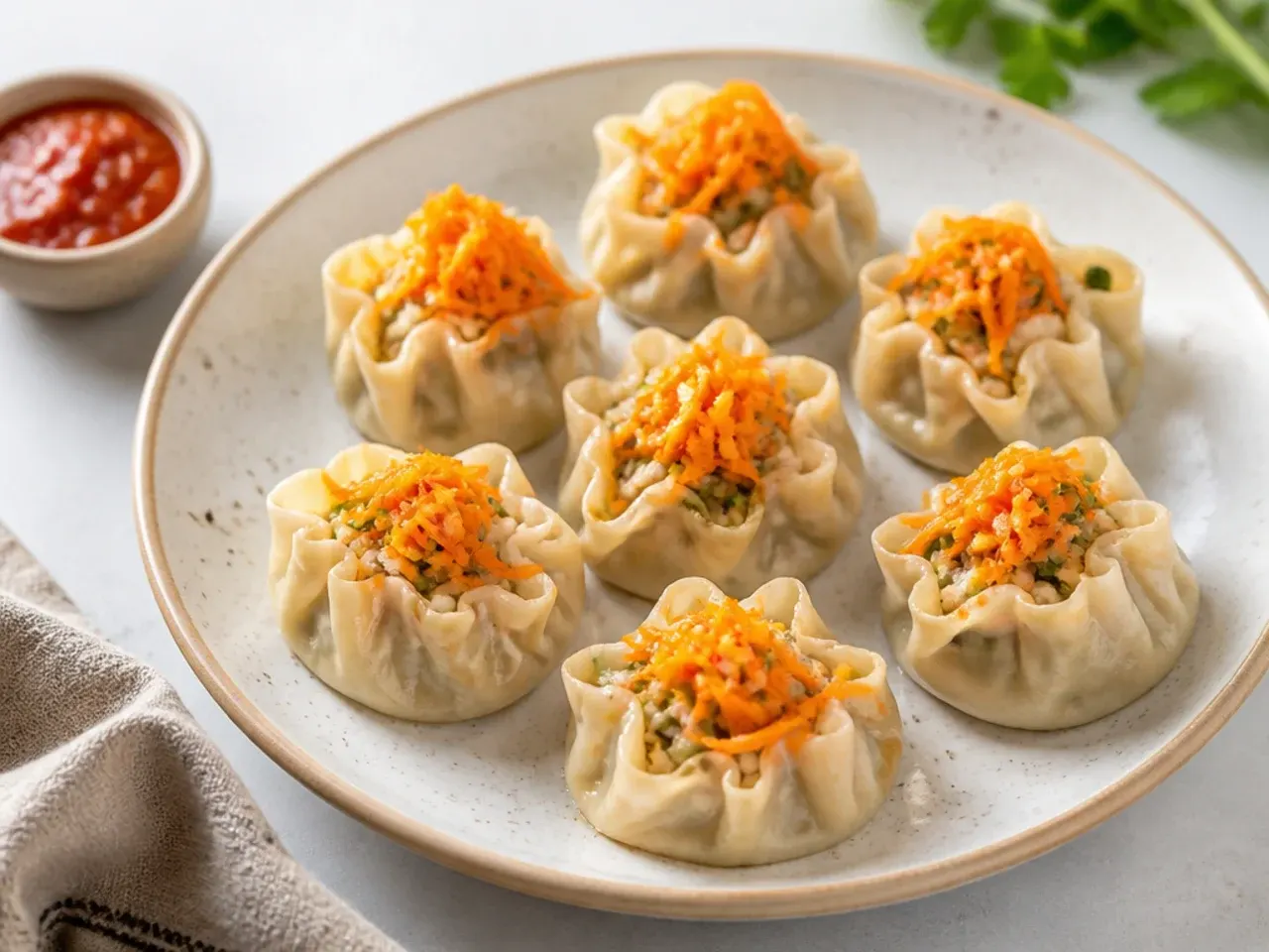 Whimsical open top flower shaped veg momos topped with grated carrot