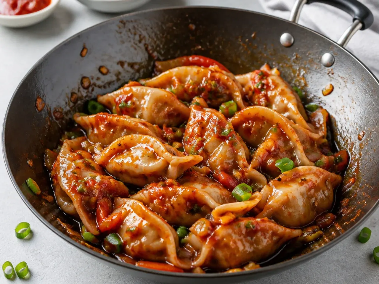 Bold chilli garlic veg momos tossed in glossy red schezwan sauce in a wok