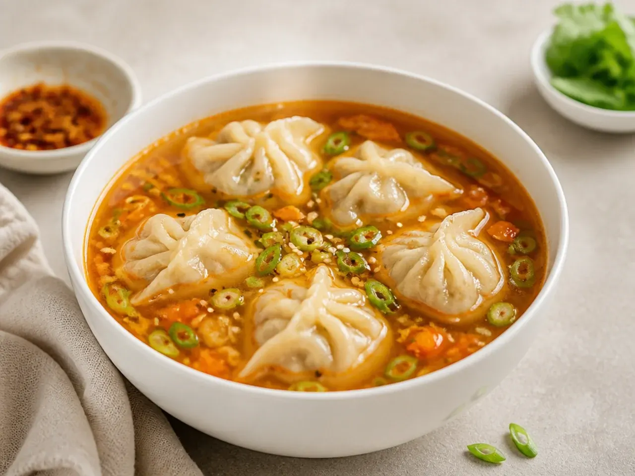 Delicate jhol veg momos floating in warm sesame tomato broth in a bowl