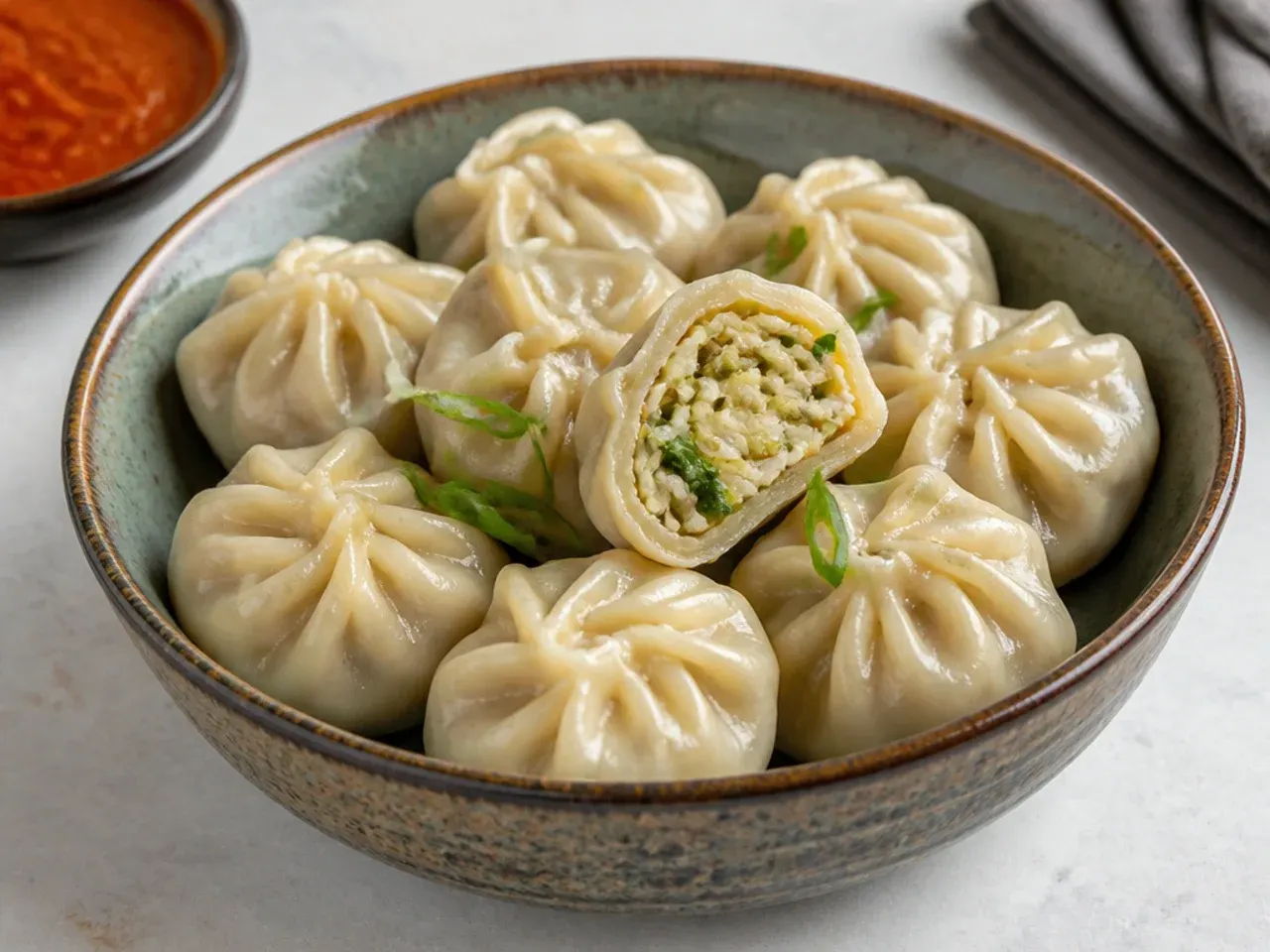 Traditional Tibetan style vegetable momos with daikon filling in a rustic bowl
