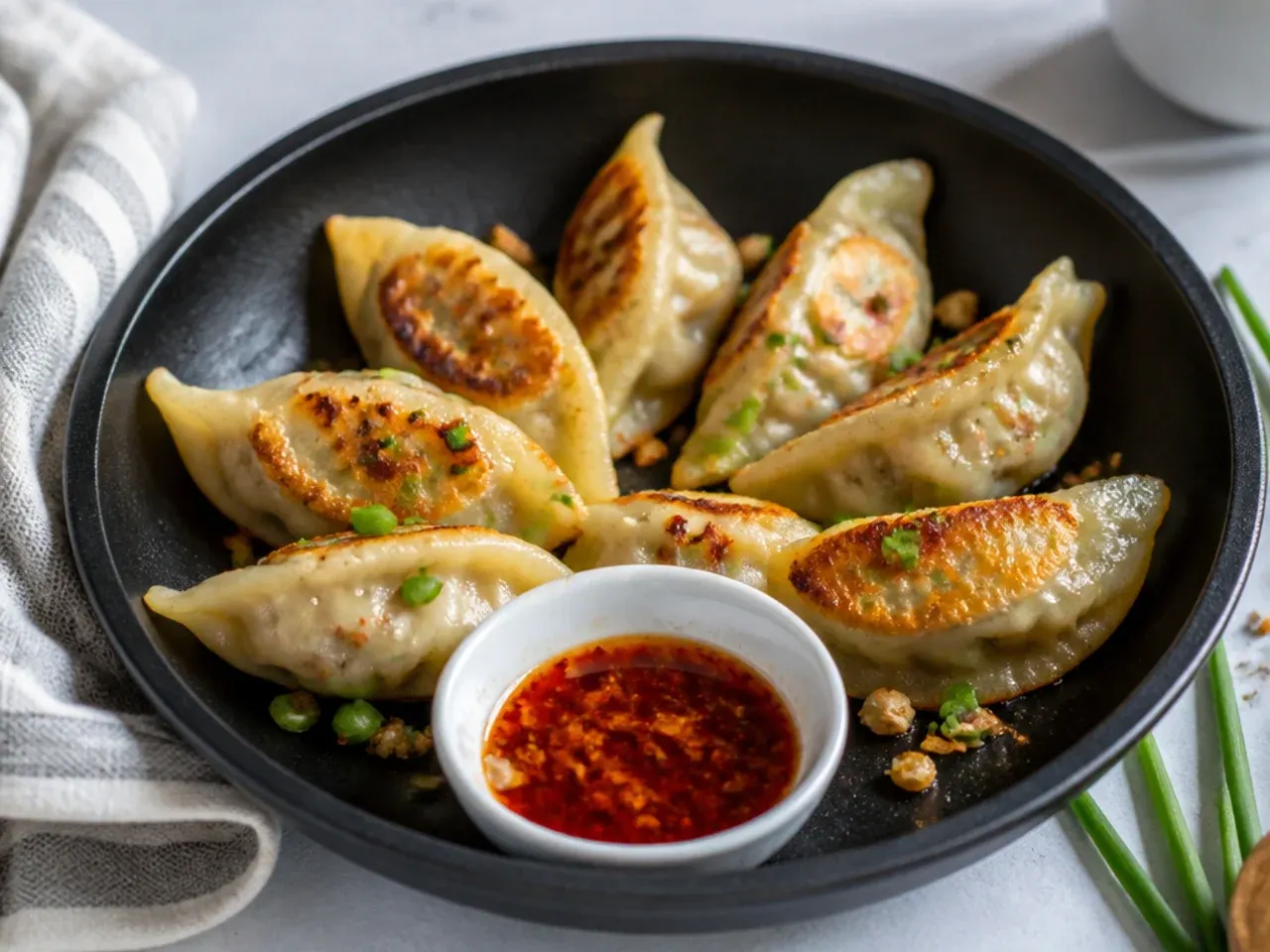 Creative kothey pan fried veg momos with golden crispy bases in a skillet