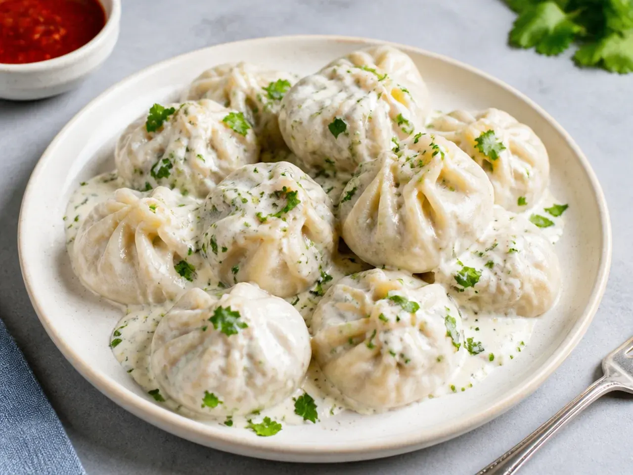 Creamy white Afghani malai veg momos garnished with coriander on a plate