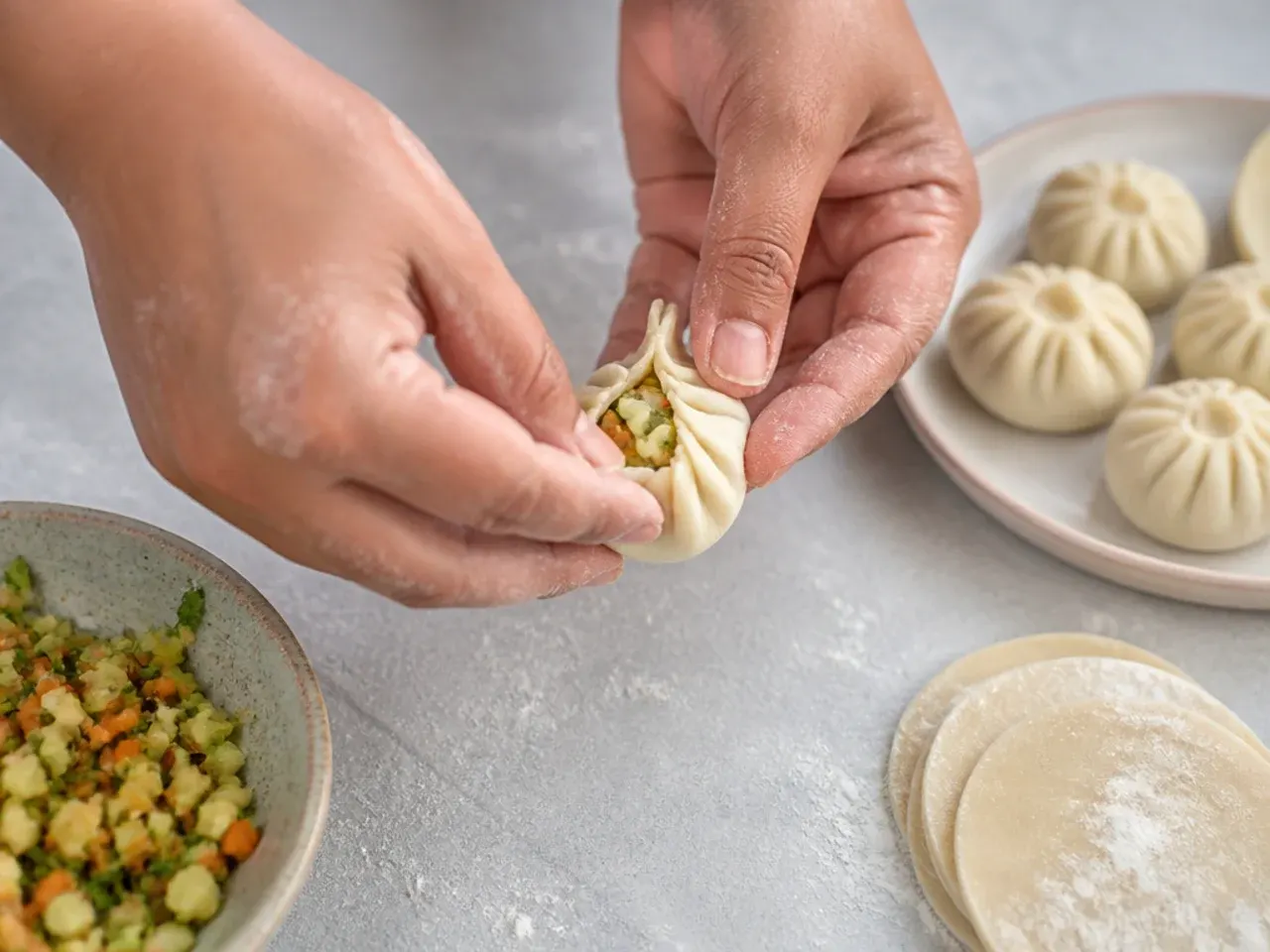 Hands pleating a veg momo wrapper showing thin edges and thick centre
