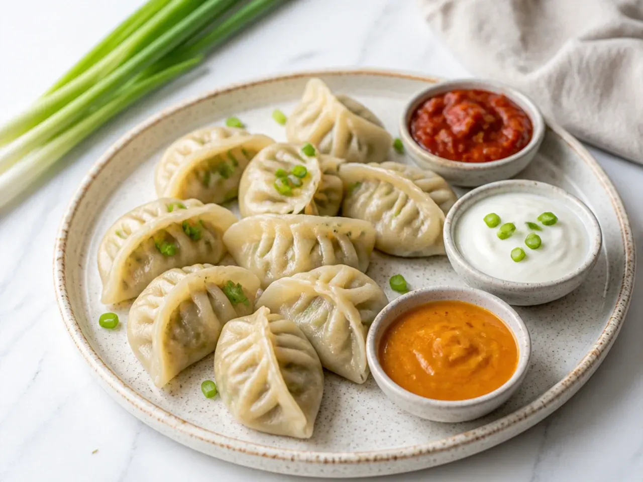 Veg momos platter served with three dipping sauces and spring onions