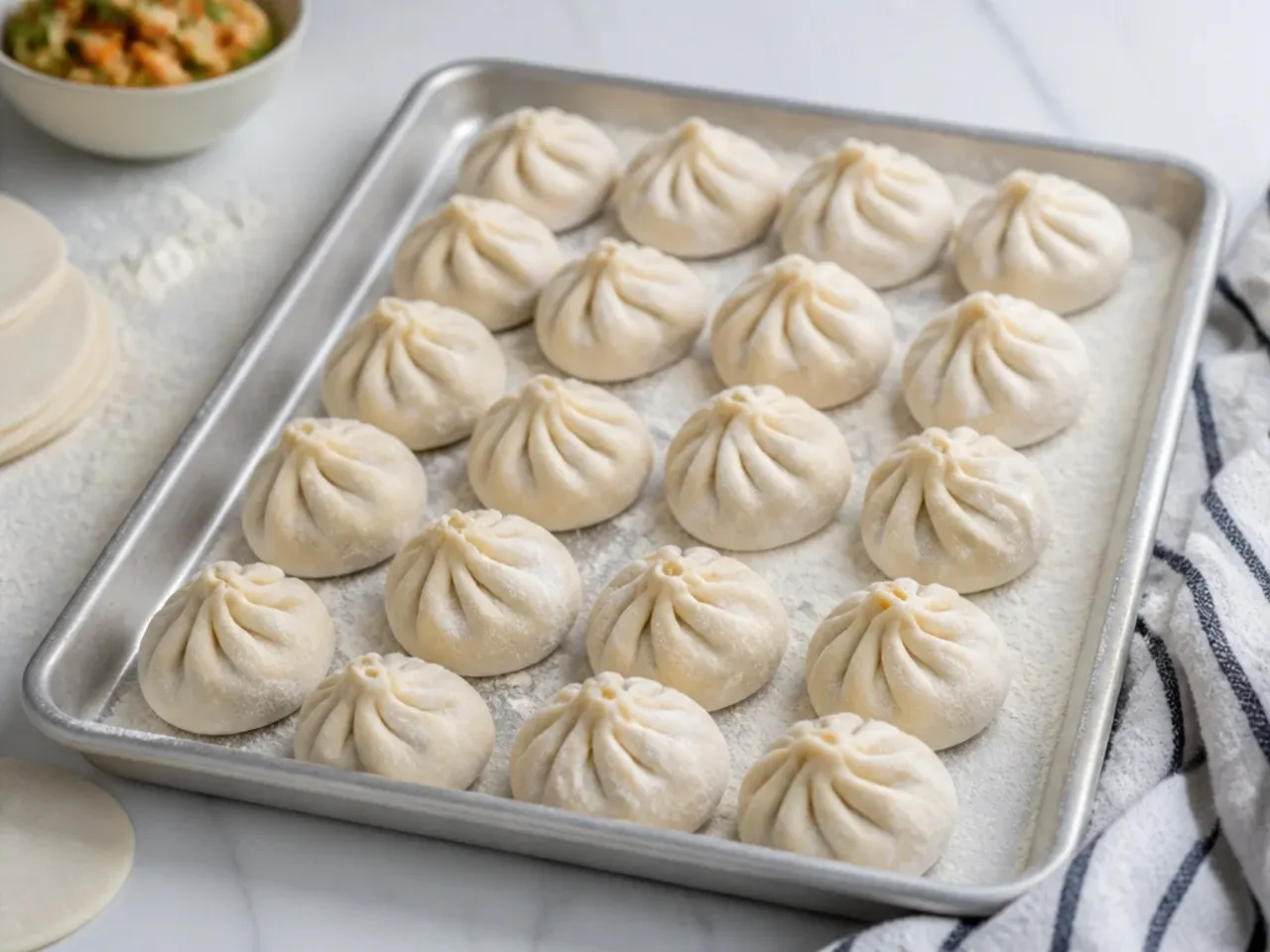 Uncooked veg momos arranged on a tray ready for freezing and storage