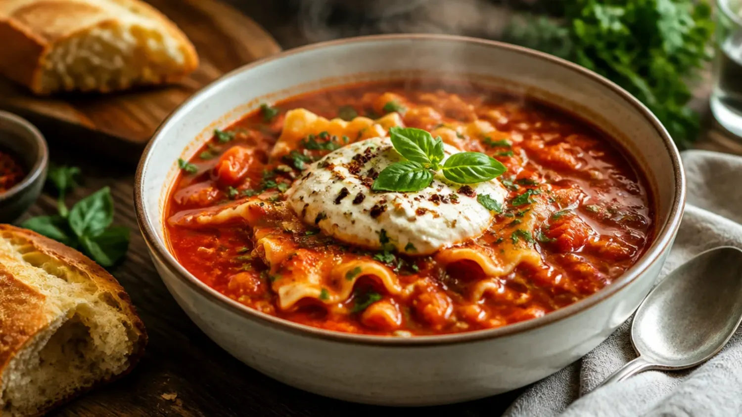 Overhead view of a bowl of vegan lasagna soup topped with a dollop of cashew ricotta, fresh basil and cracked black pepper