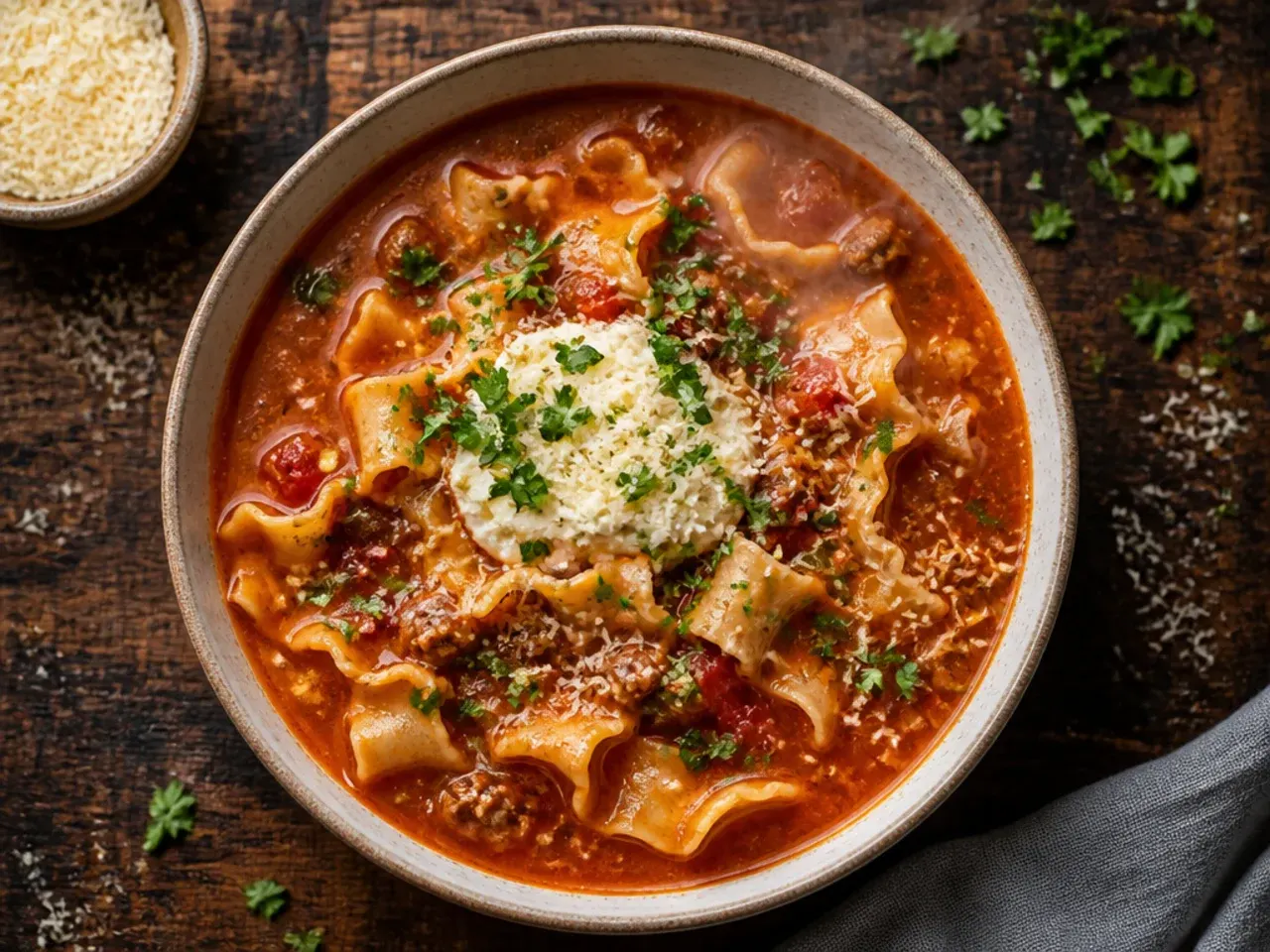 Glass meal-prep container of vegan lasagna soup base next to a small jar of cashew ricotta