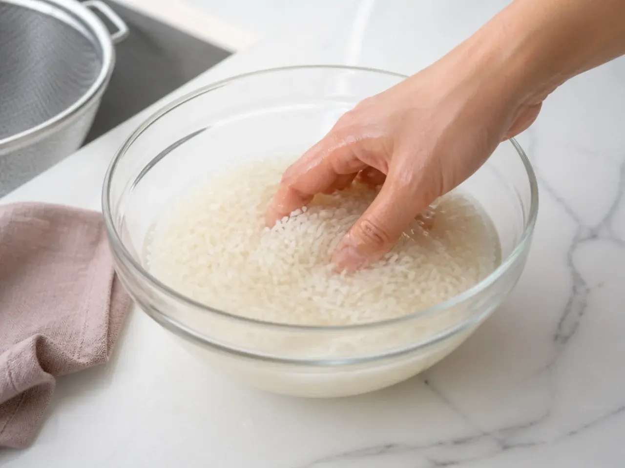 vegan mango sticky rice — step 1: rinse and soak the rice