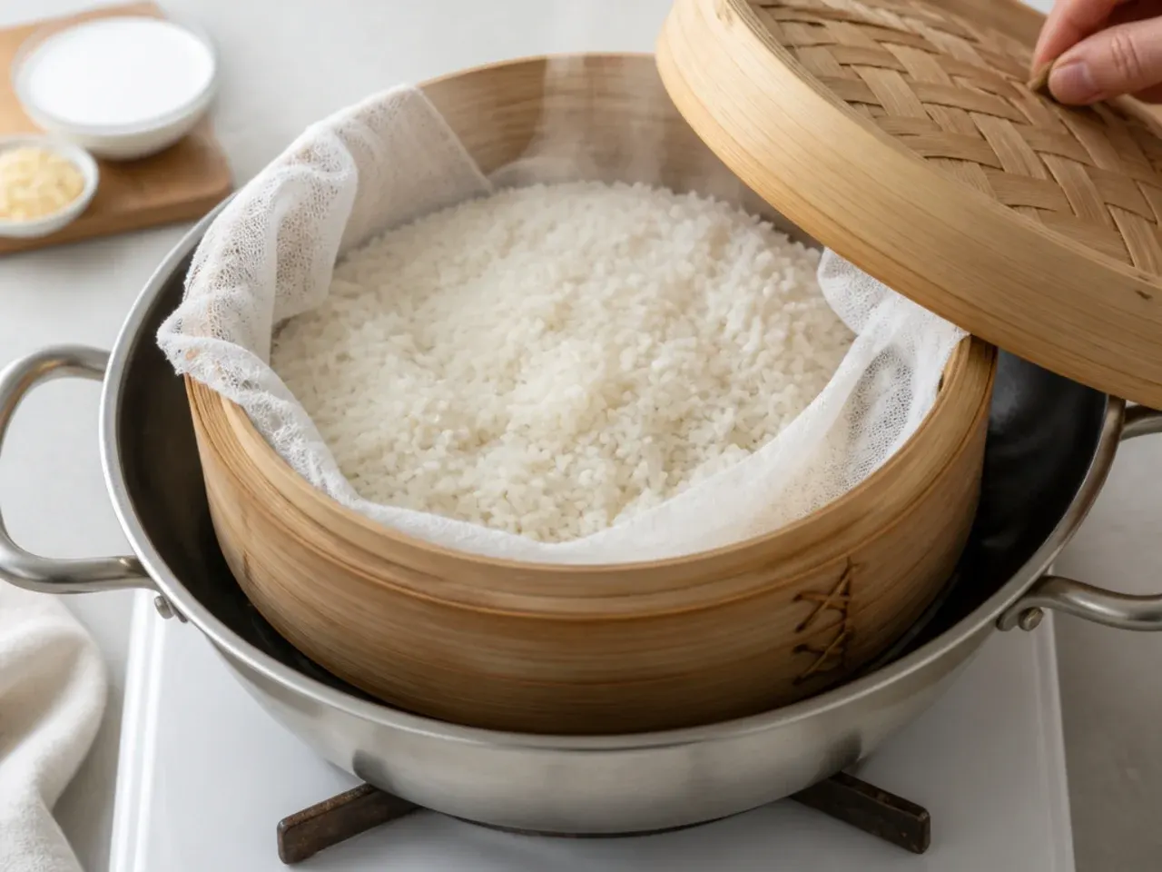vegan mango sticky rice — step 2: steam the rice