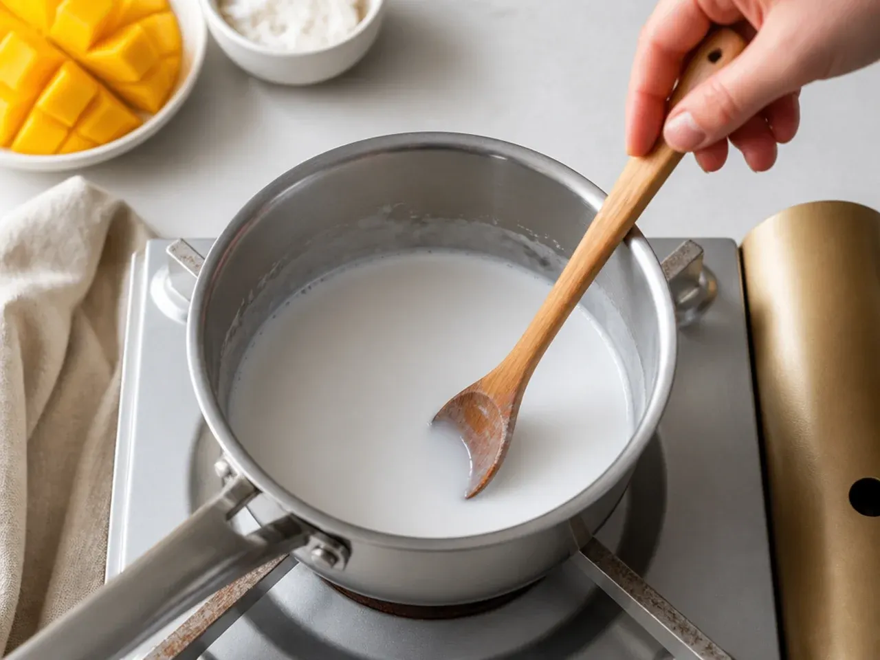 vegan mango sticky rice — step 3: warm the coconut milk mixture