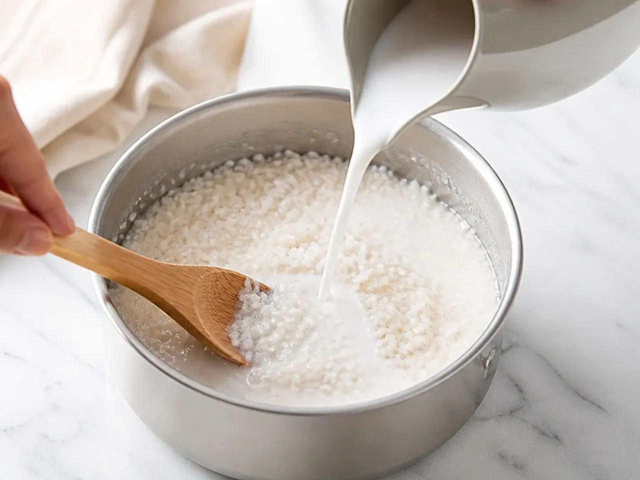 vegan mango sticky rice — step 4: combine rice and coconut milk