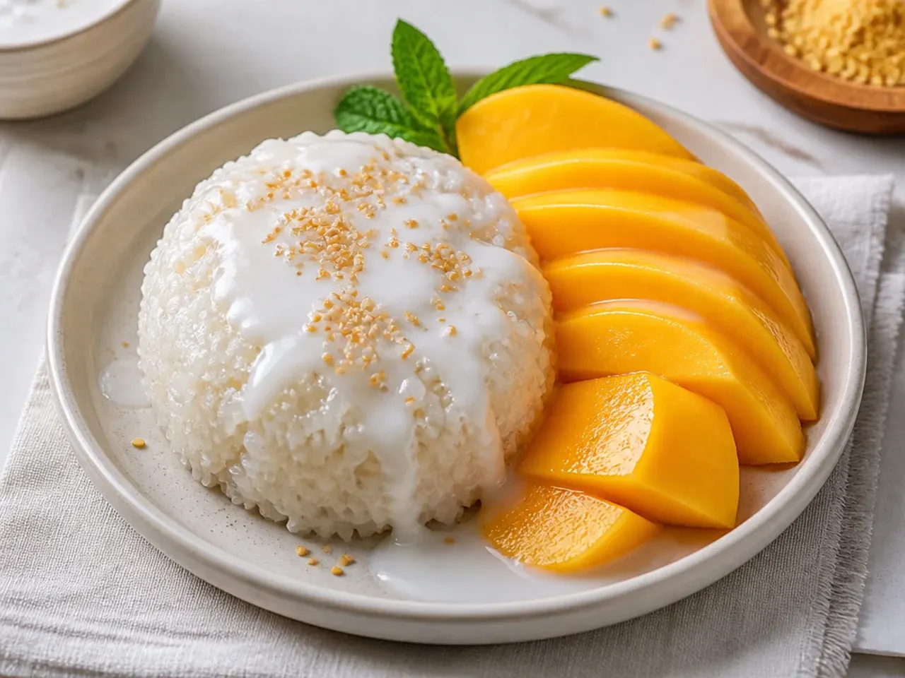 Vegan mango sticky rice with coconut drizzle and fresh mango slices on a plate