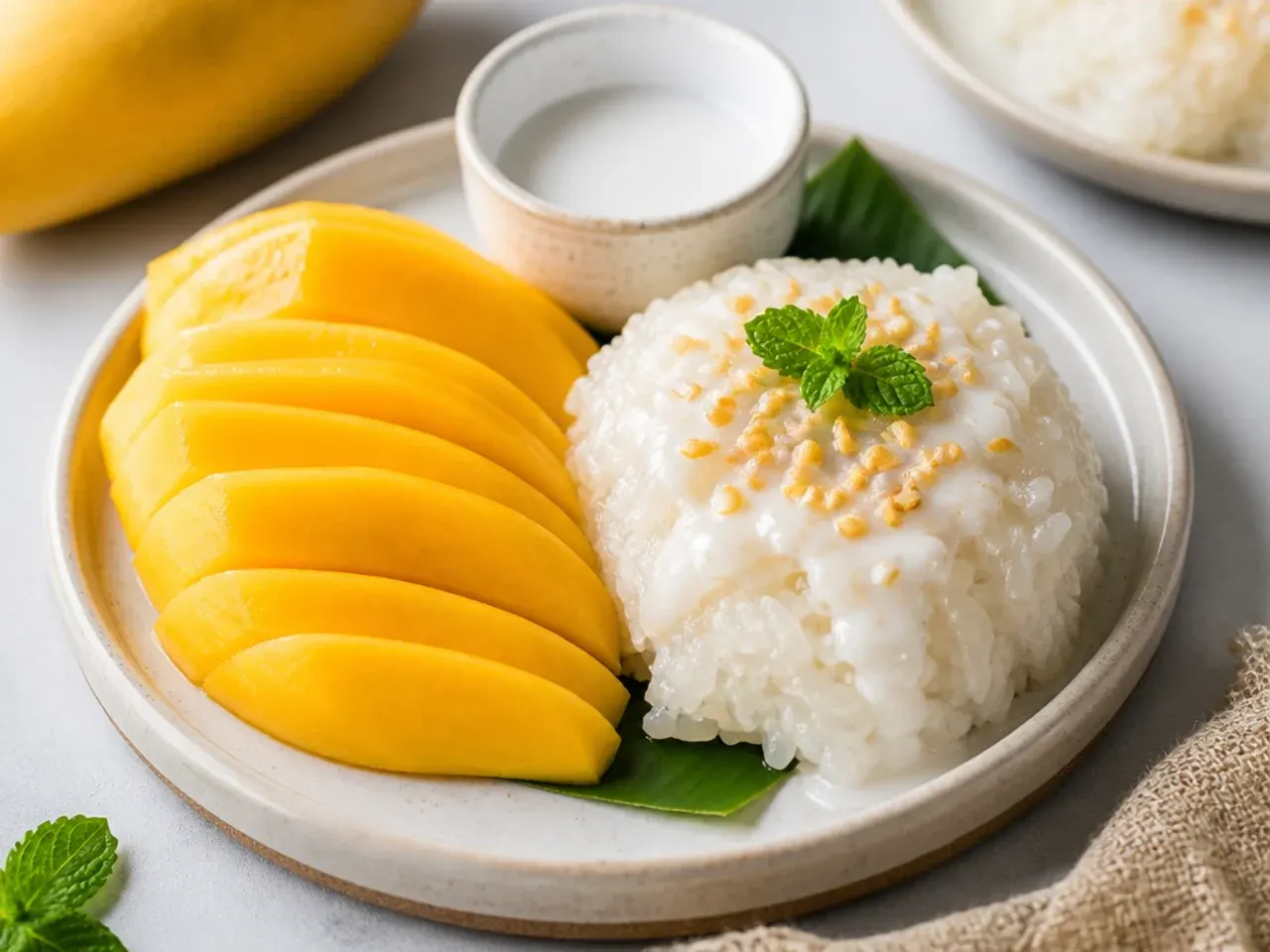 Classic vegan mango sticky rice with coconut sauce and sliced mango