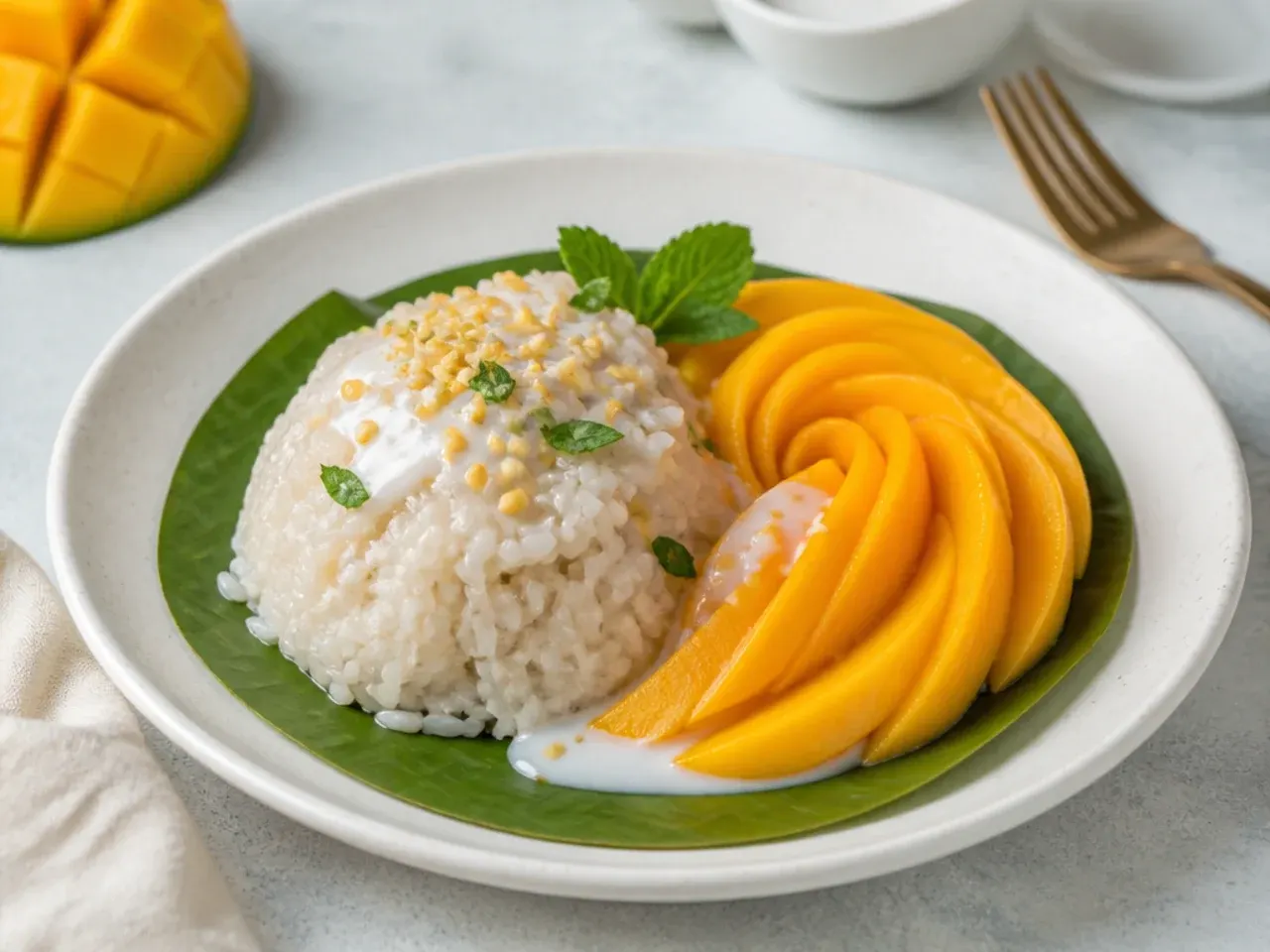 Elegant plated vegan mango sticky rice with a fanned mango rose garnish