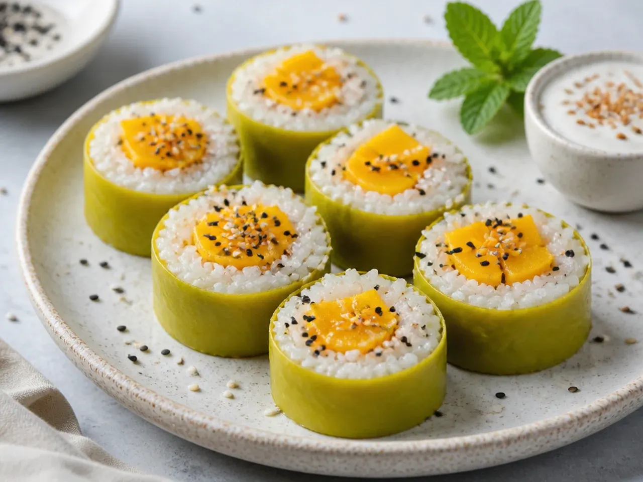 Playful vegan mango sticky rice sushi rolls sliced into pinwheels