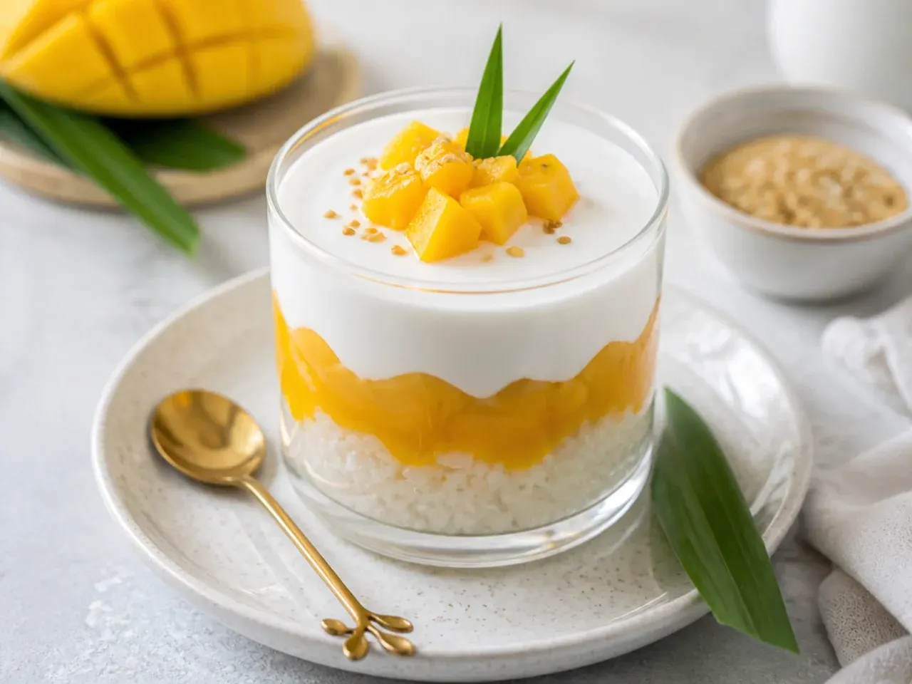 Modern vegan mango sticky rice cups layered with coconut panna cotta
