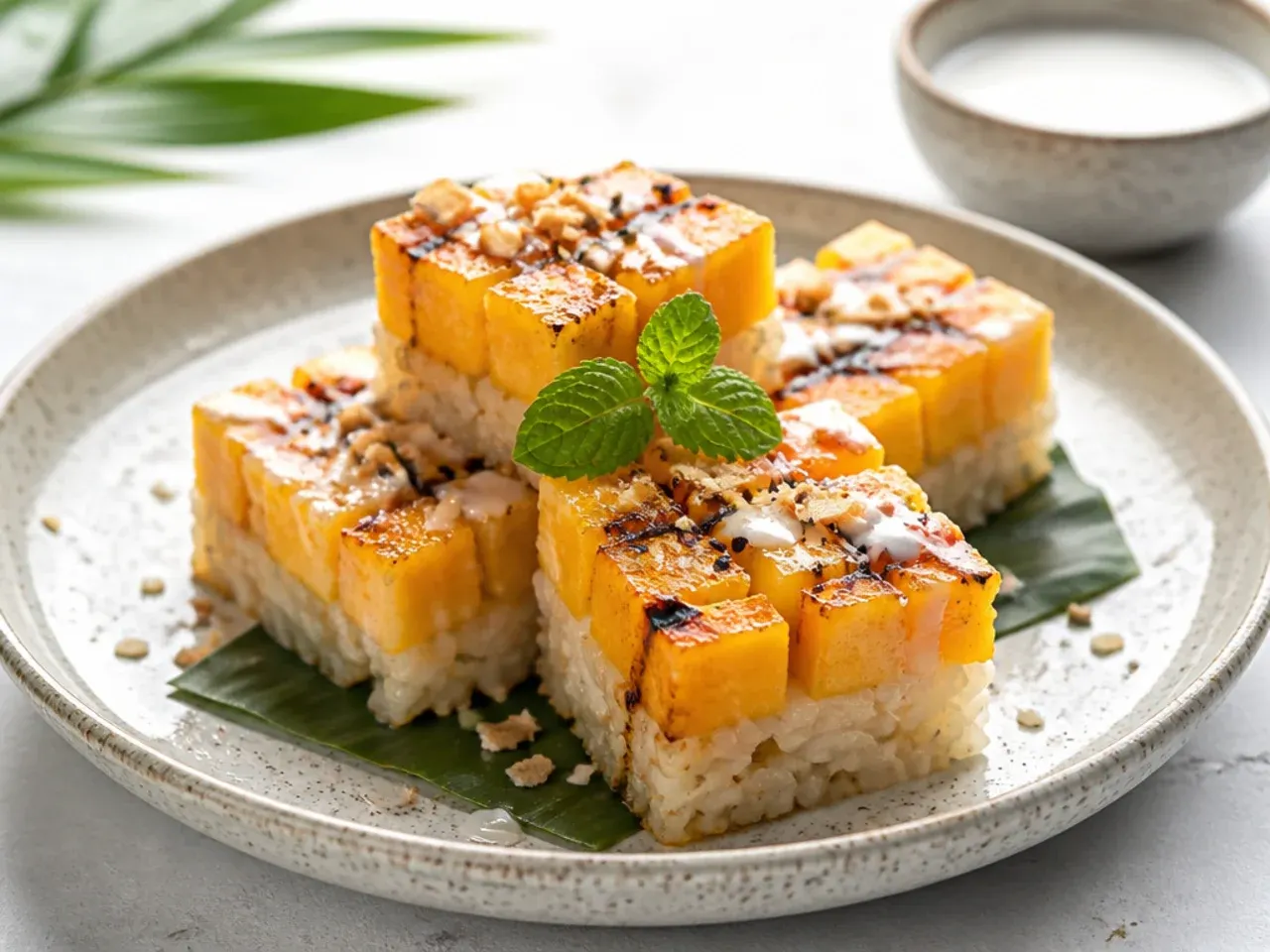 Rustic grilled vegan mango sticky rice squares with charred mango
